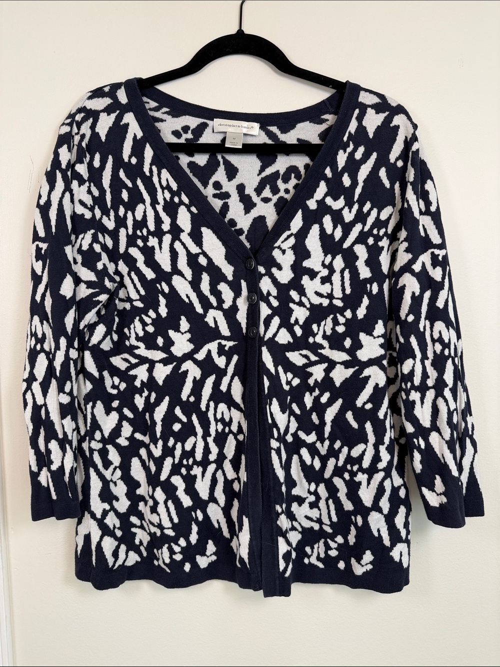 Christopher & Banks 3 Button Animal Print Cardigan Sweater Navy White Cotton M
